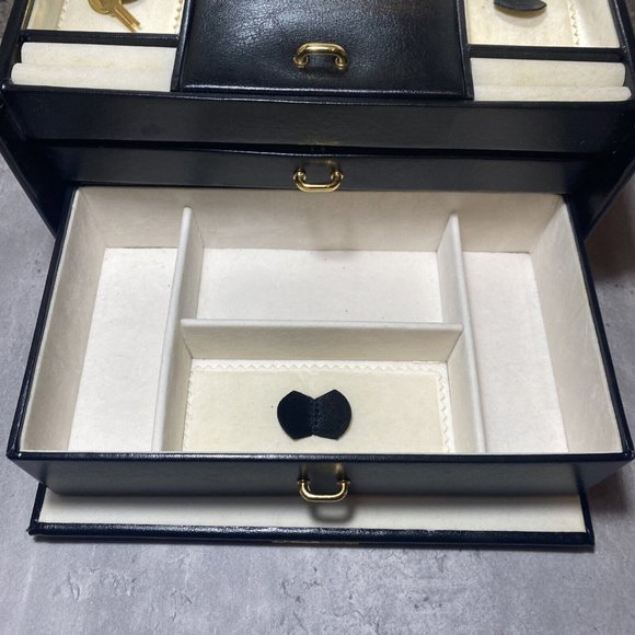 RETRO Black Jewellery Box Travel Case Faux Leather & Key Trays Mirror - Picture 3 of 10